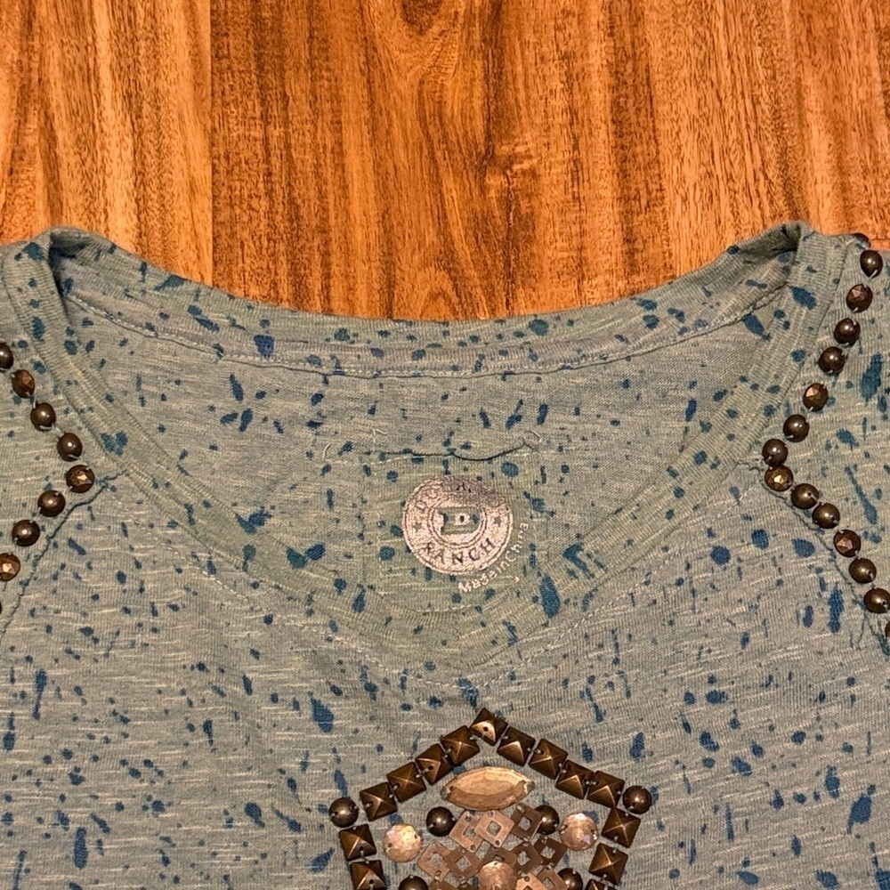 Double D Ranch women’s large shirt long sleeve Teal blue ombre cross embellish - Picture 3 of 11